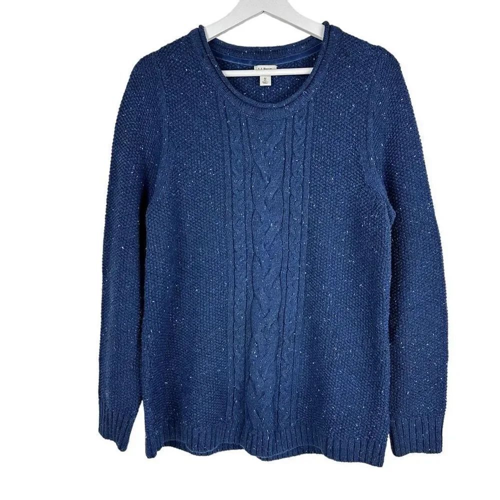 LL Bean Womens Medium Speckled Blue Sweater Cable Knit Cotton Blend 290395